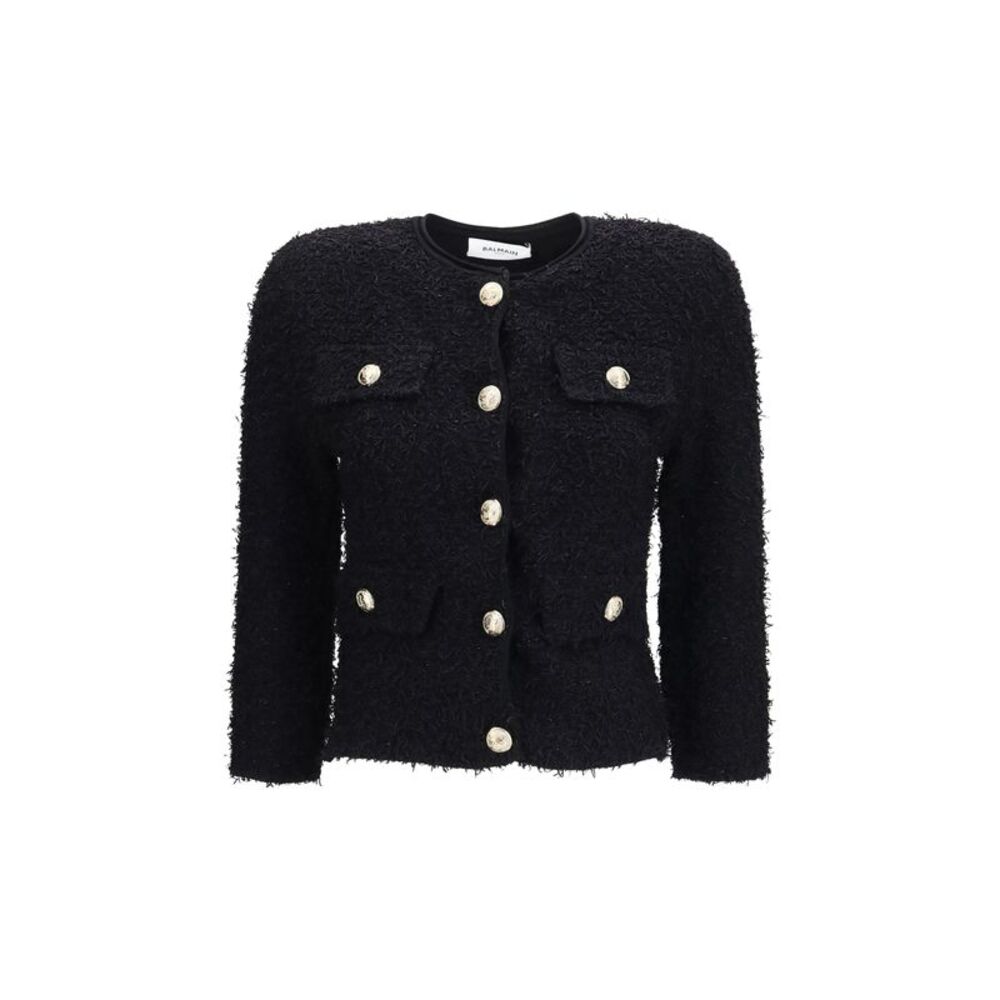 Balmain Women Double-Breasted Tweed Cropped Jacket With Logo Buttons